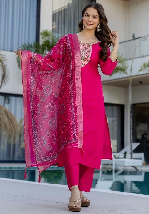 Rani Pink Thread Work Cotton Kurta Set