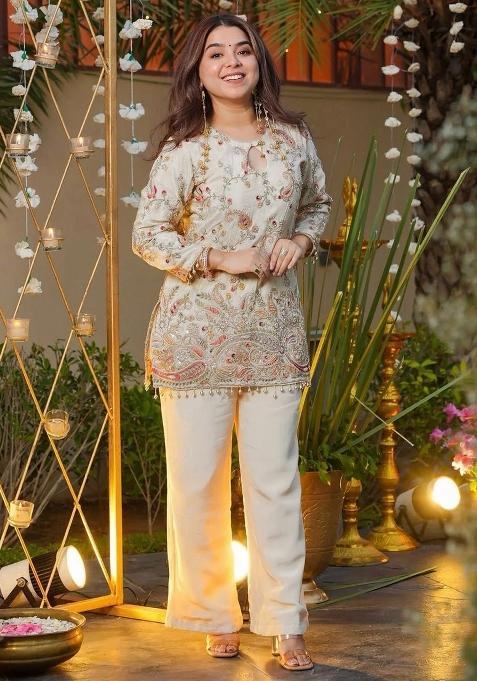 Cream Thread Work Silk Kurta Set