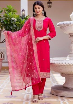 Dark Pink Thread Work Viscose Kurta Set