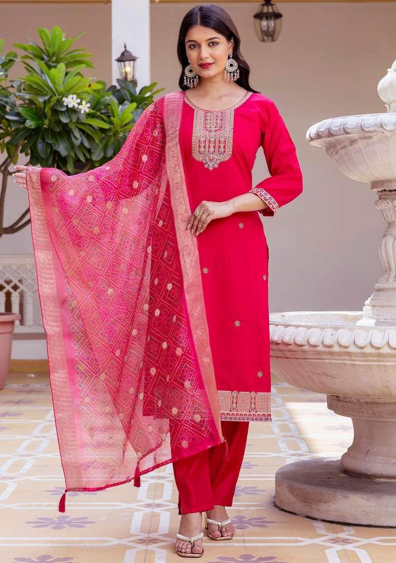 Dark Pink Thread Work Viscose Kurta Set - Indya