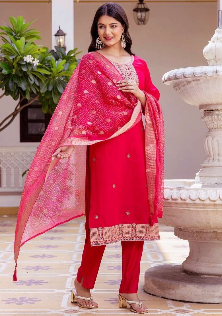Dark Pink Thread Work Viscose Kurta Set - Indya