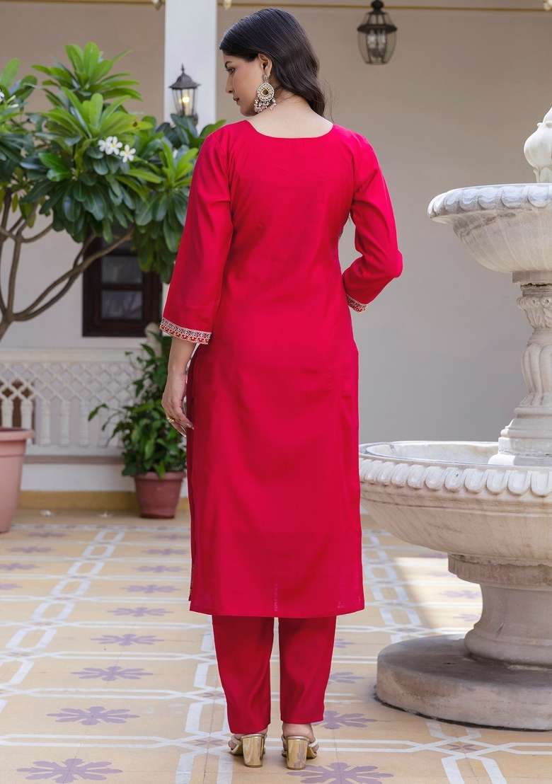 Dark Pink Thread Work Viscose Kurta Set - Indya