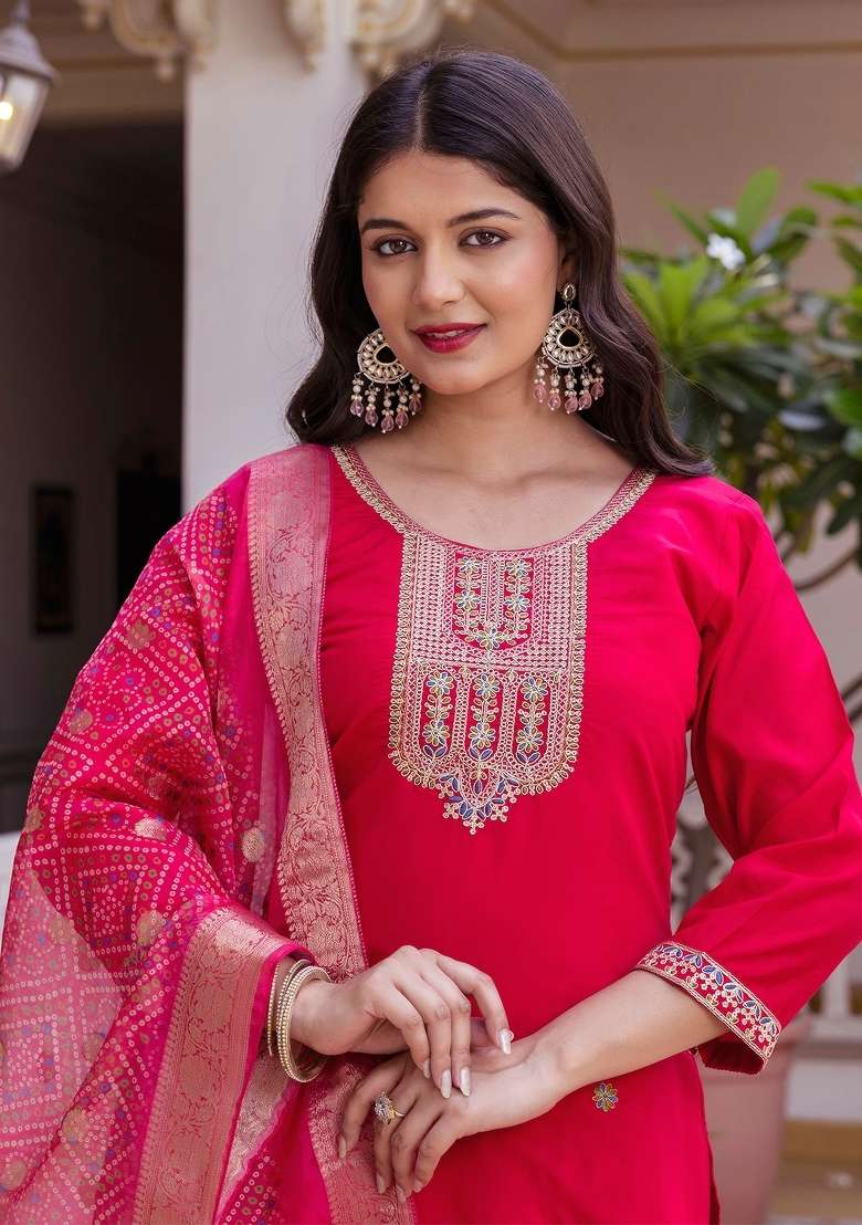 Dark Pink Thread Work Viscose Kurta Set - Indya