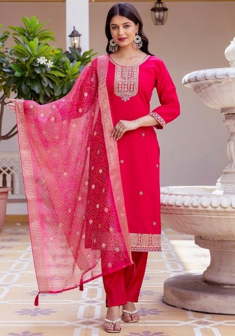 Dark Pink Thread Work Viscose Kurta Set