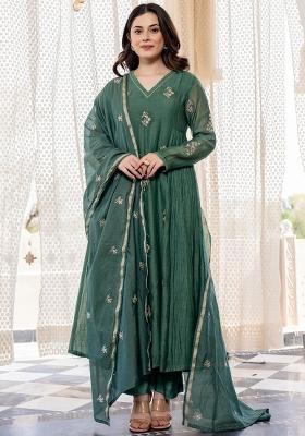 Green Thread Work Silk Kurta Set