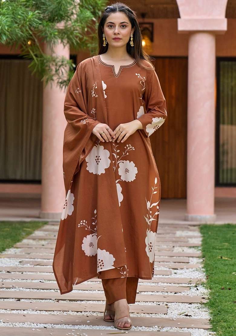 Brown Floral Print Muslin Kurta Set - Indya