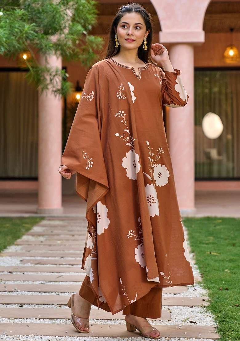 Brown Floral Print Muslin Kurta Set - Indya