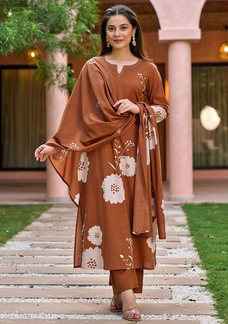 Brown Floral Print Muslin Kurta Set - Indya