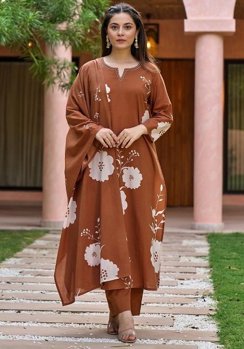 Brown Floral Print Muslin Kurta Set