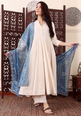 Cream Solid Silk Kurta Set