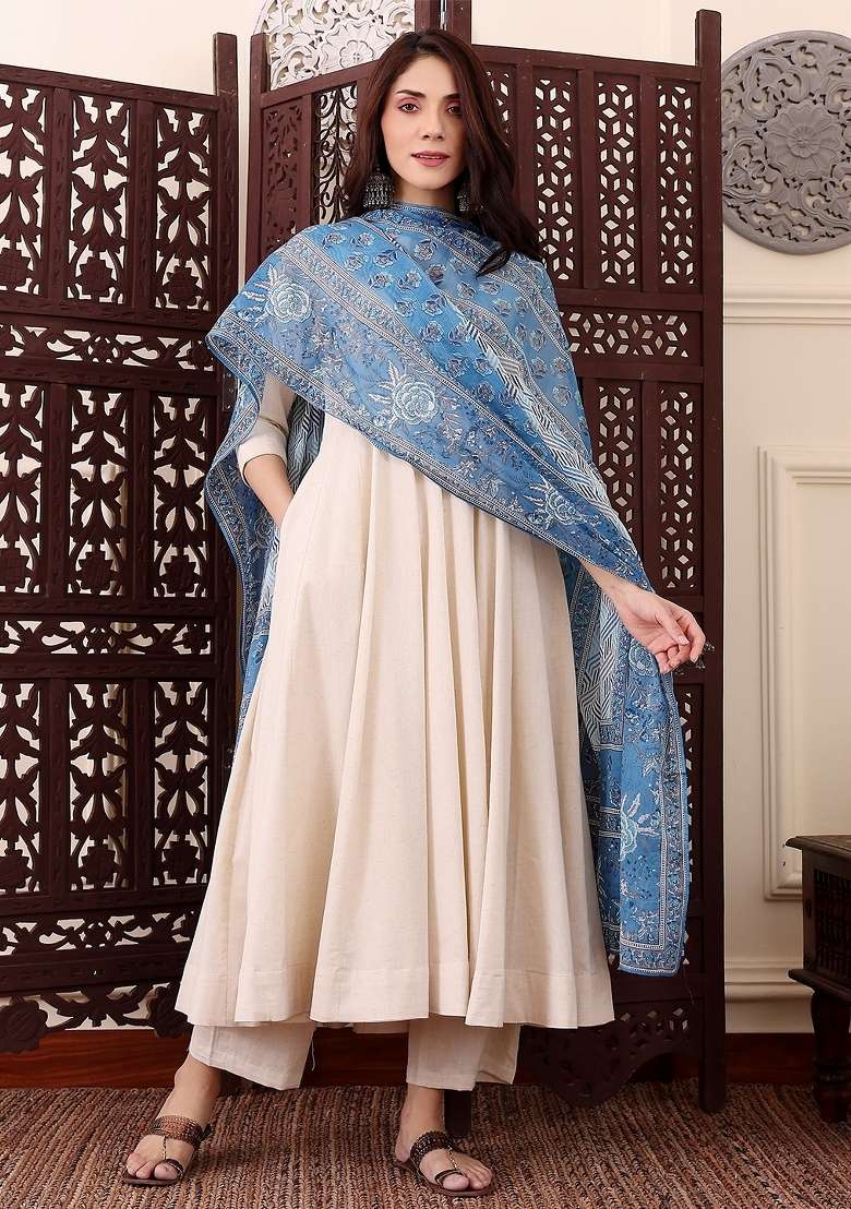 Cream Solid Silk Kurta Set - Indya