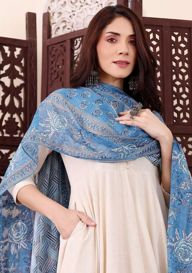 Cream Solid Silk Kurta Set - Indya