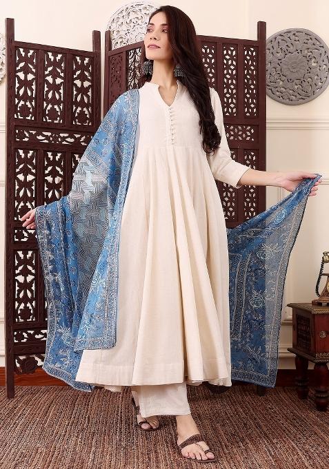 Cream Solid Silk Kurta Set