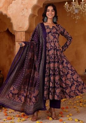 Purple Floral Print Rayon Kurta Set