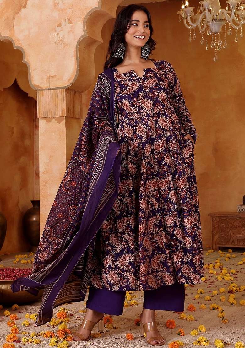 Purple Floral Print Rayon Kurta Set - Indya