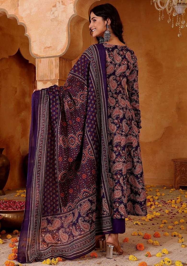 Purple Floral Print Rayon Kurta Set - Indya