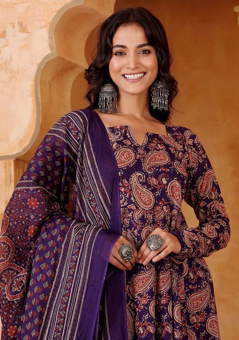Purple Floral Print Rayon Kurta Set - Indya