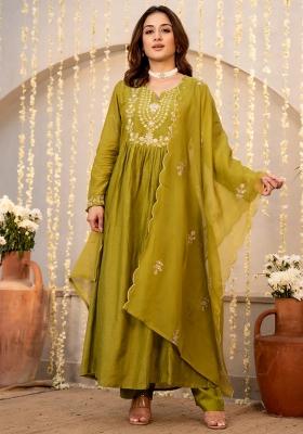 Olive Thread Work Silk Kurta Set