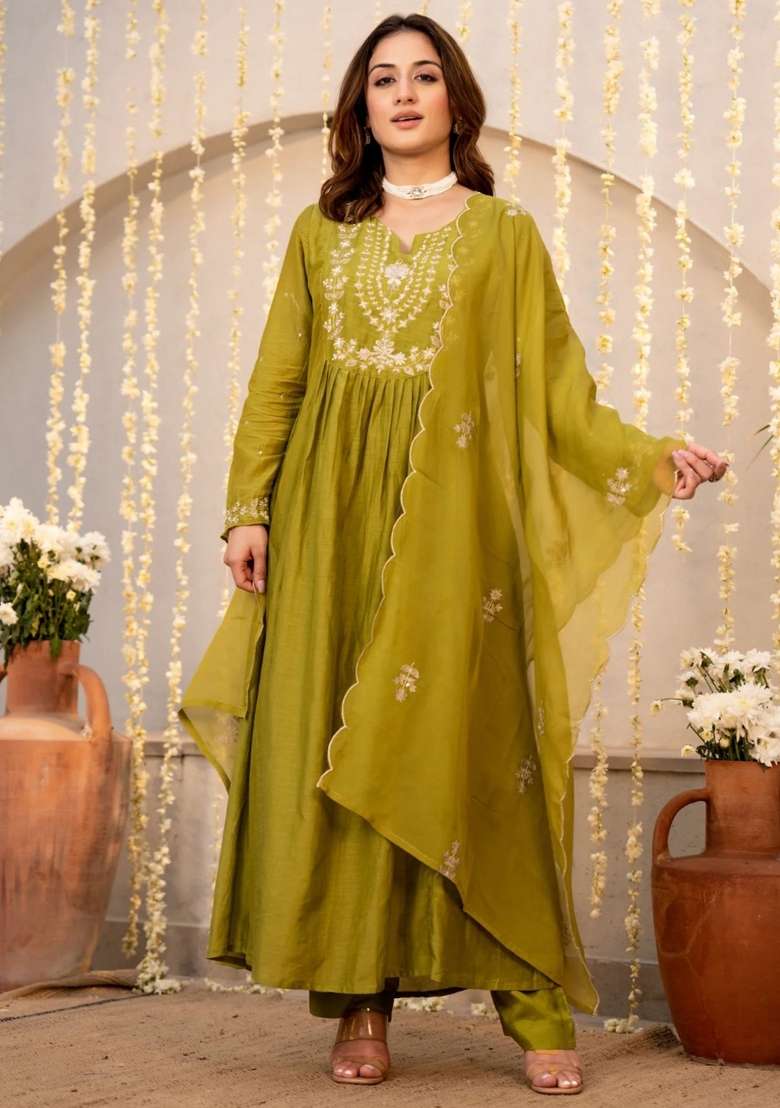 Olive Thread Work Silk Kurta Set - Indya
