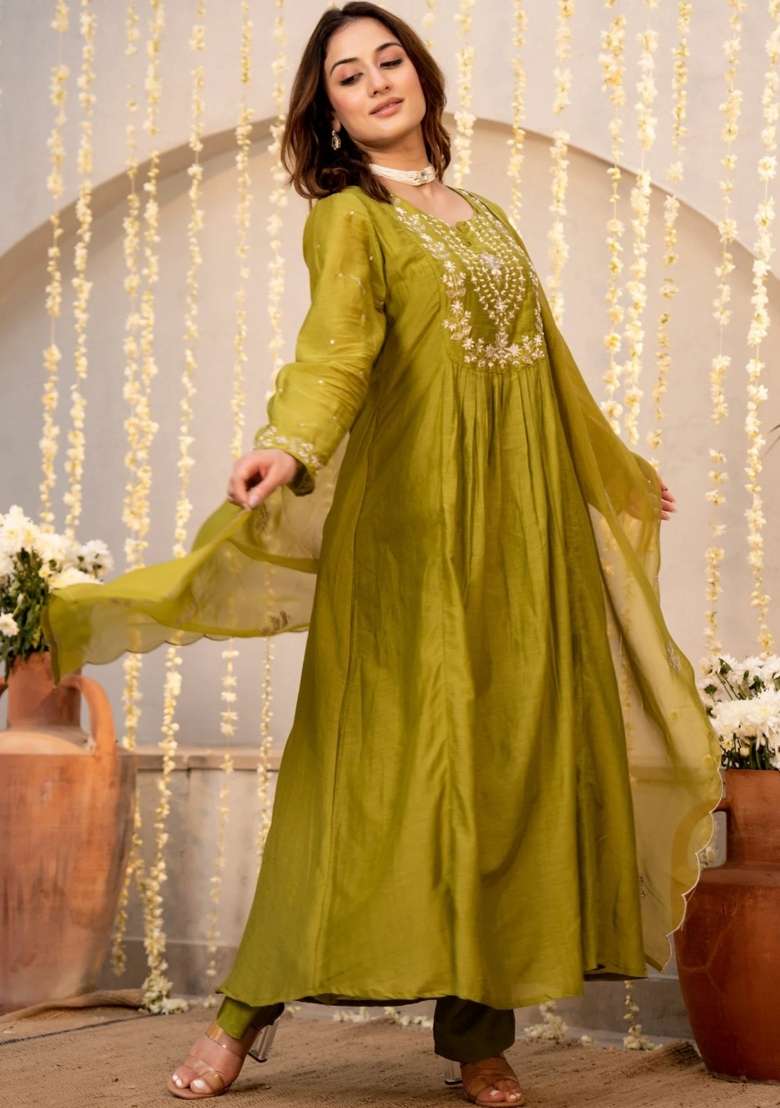 Olive Thread Work Silk Kurta Set - Indya