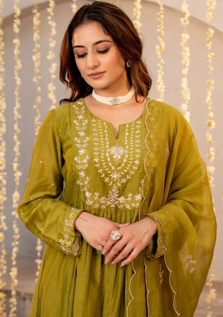 Olive Thread Work Silk Kurta Set - Indya