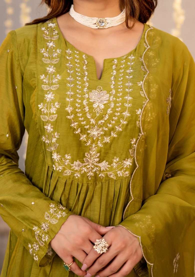Olive Thread Work Silk Kurta Set - Indya