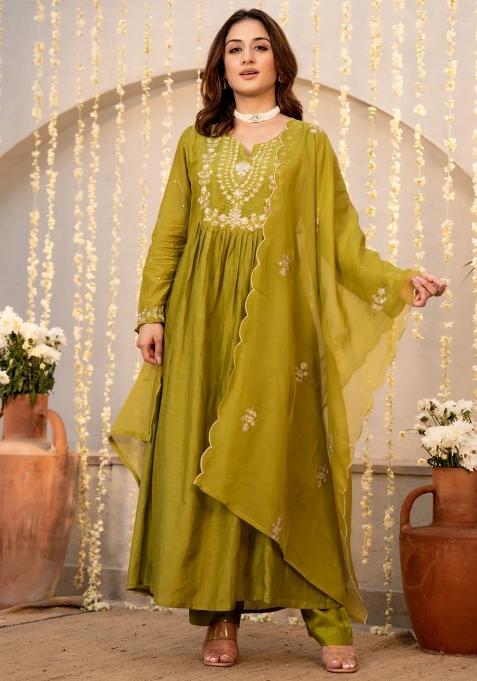 Olive Thread Work Silk Kurta Set