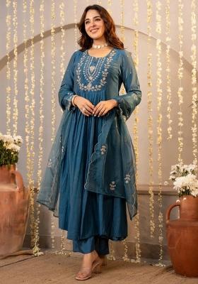 Blue Thread Work Silk Kurta Set