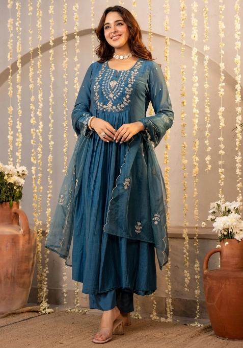 Blue Thread Work Silk Kurta Set