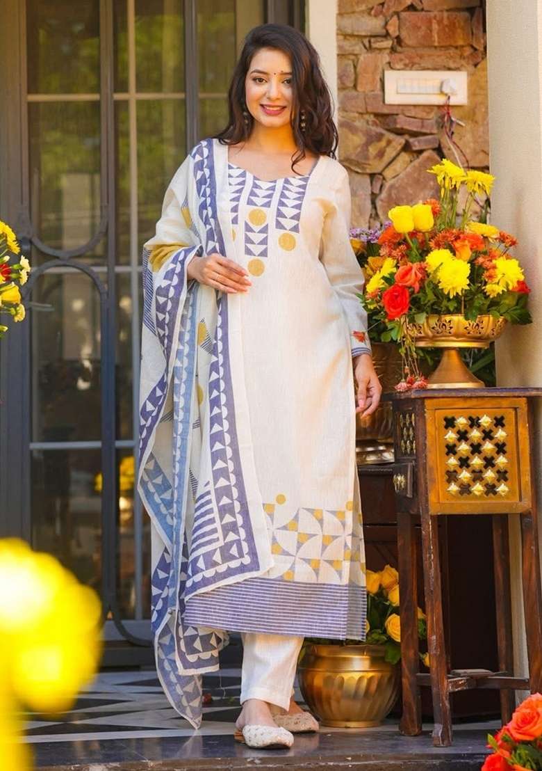 Ivory Printed Muslin Kurta Set - Indya