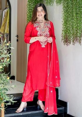 Red Thread Work Viscose Palazzo Set