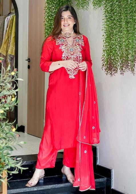 Red Thread Work Viscose Palazzo Set