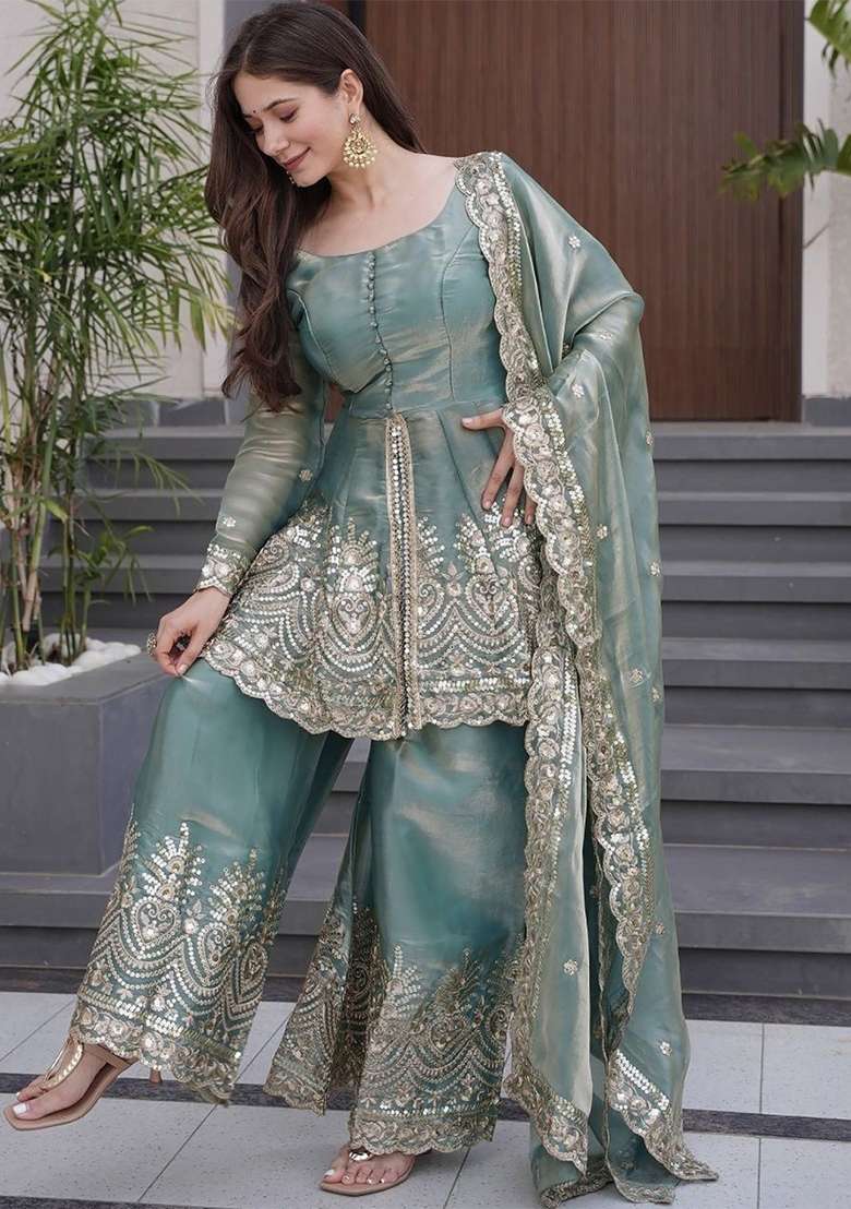 Teal Green Thread Work Silk Blend Kurta With Dupatta - Indya