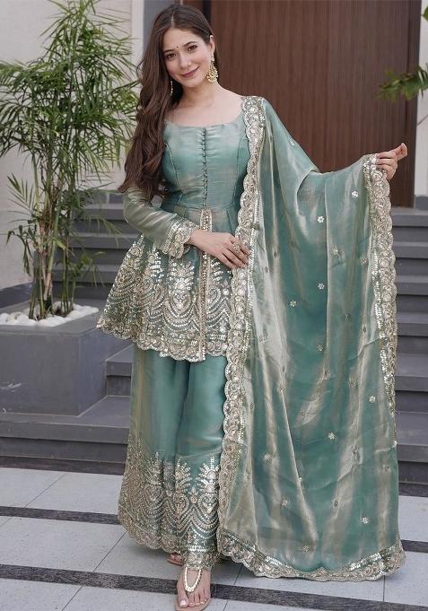 Teal Green Thread Work Silk Kurta With Dupatta
