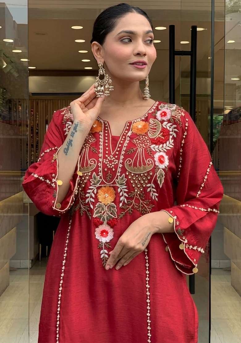 Maroon Thread Work Chanderi Kurta Set - Indya