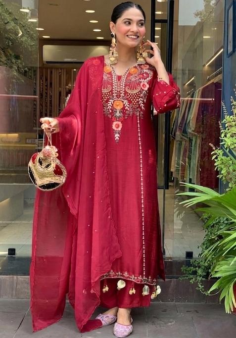 Maroon Thread Work Chanderi Kurta Set