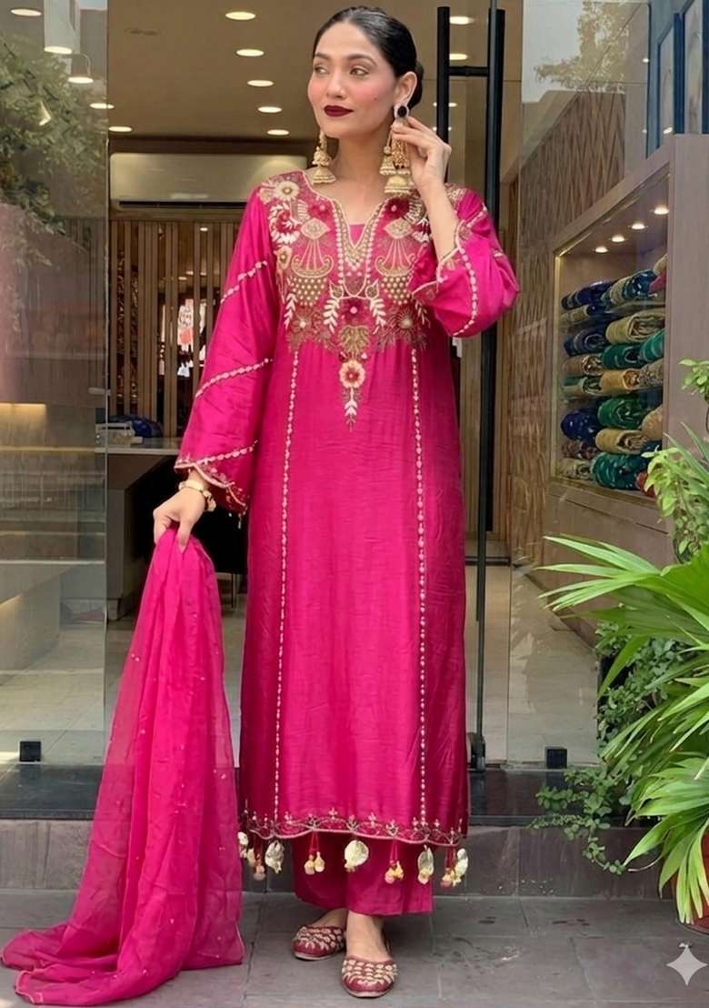 Rani Pink Thread Work Chanderi Kurta Set - Indya