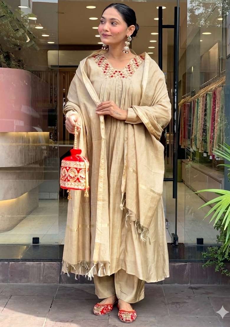 Beige Thread Work Chanderi Kurta Set - Indya