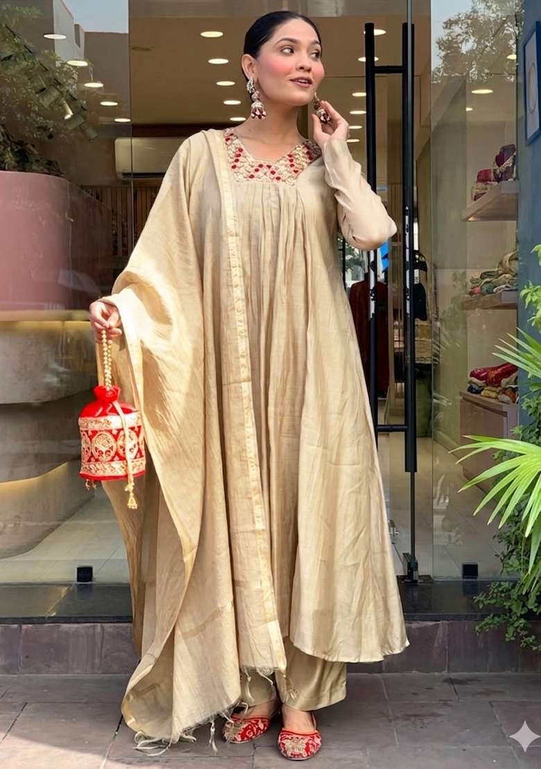 Beige Thread Work Chanderi Kurta Set - Indya