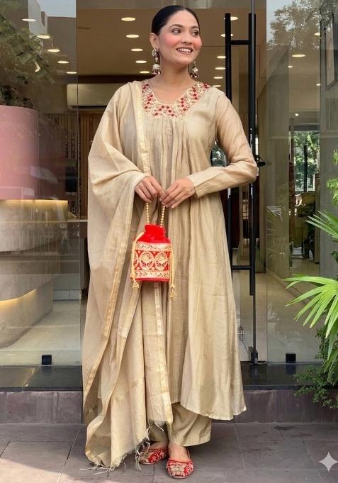 Beige Thread Work Chanderi Kurta Set