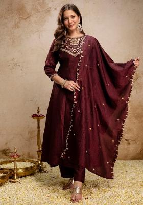 Coffee Thread Work Silk Kurta Set