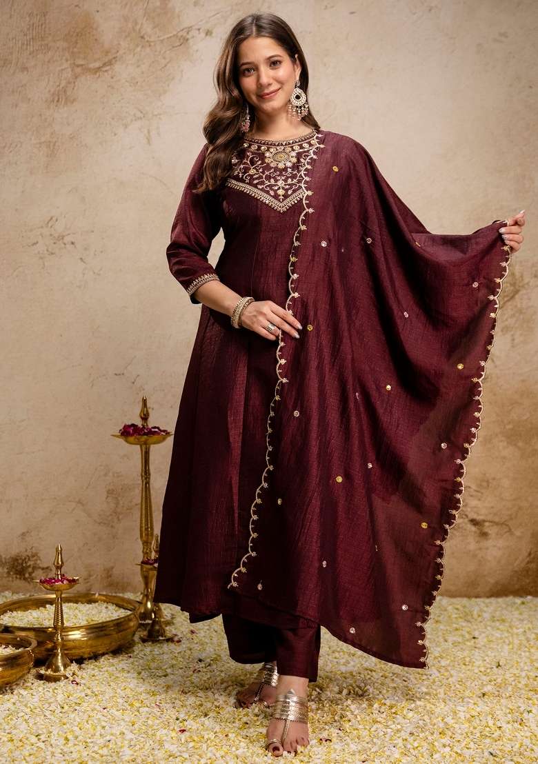 Coffee Thread Work Silk Blend Kurta Set - Indya