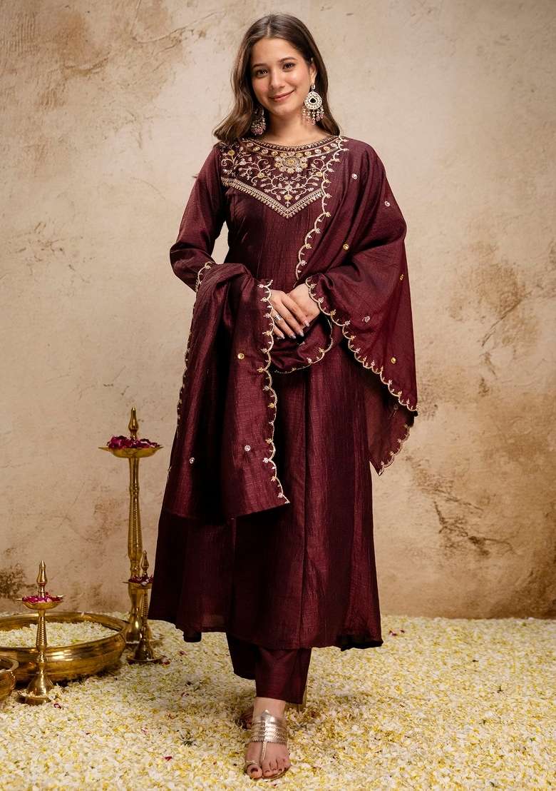 Coffee Thread Work Silk Blend Kurta Set - Indya