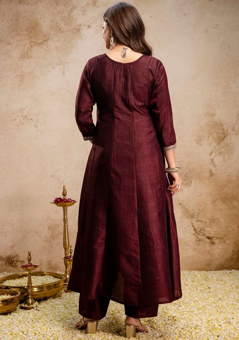 Coffee Thread Work Silk Blend Kurta Set - Indya