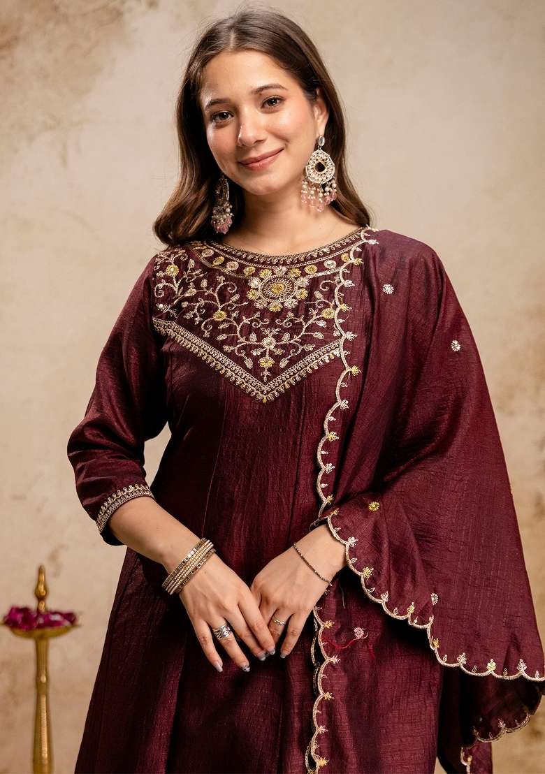Coffee Thread Work Silk Blend Kurta Set - Indya
