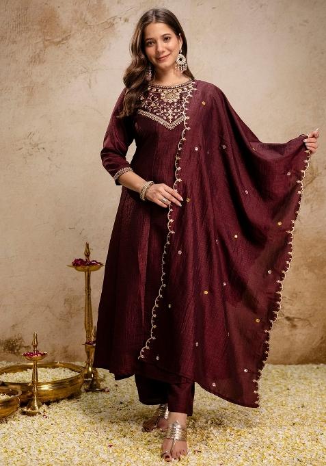 Coffee Thread Work Silk Kurta Set