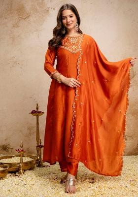 Orange Thread Work Silk Kurta Set