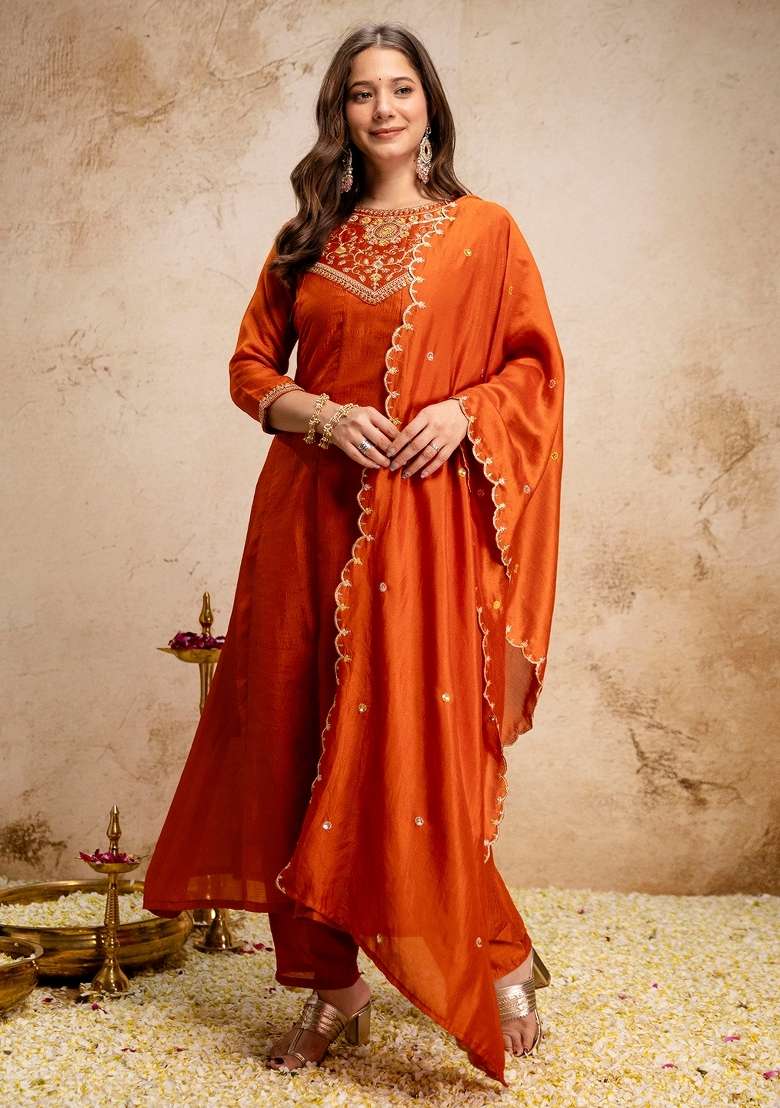 Orange Thread Work Silk Blend Kurta Set - Indya
