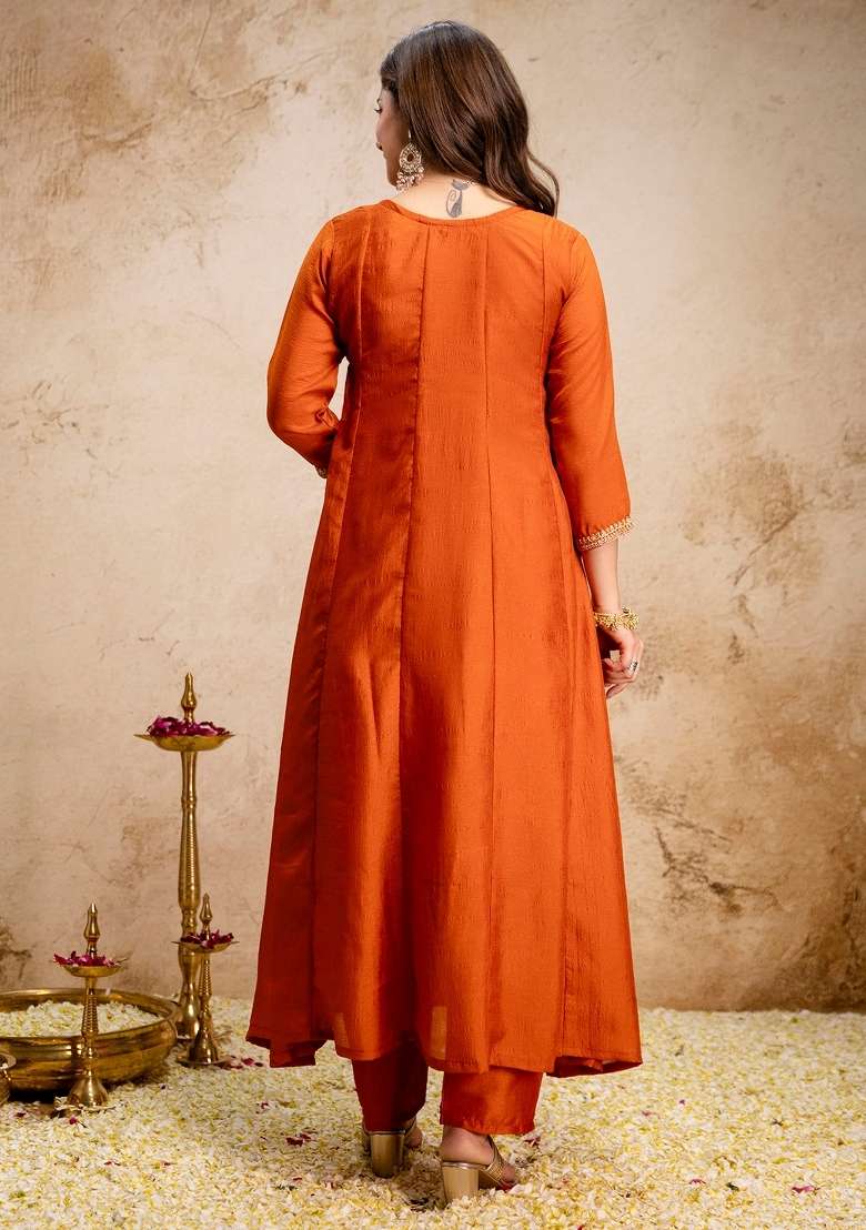 Orange Thread Work Silk Blend Kurta Set - Indya