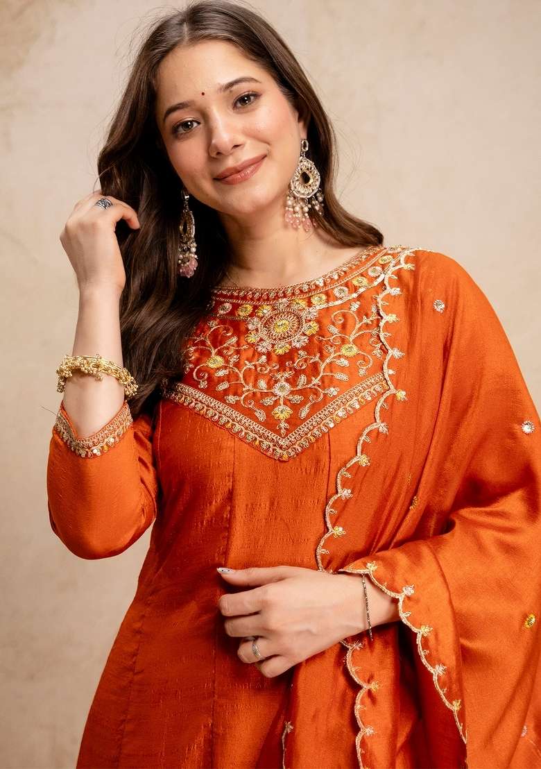 Orange Thread Work Silk Blend Kurta Set - Indya